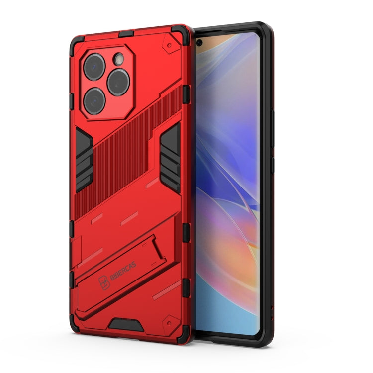 Red rugged phone case with raised TPU shockproof frame and camera cutouts