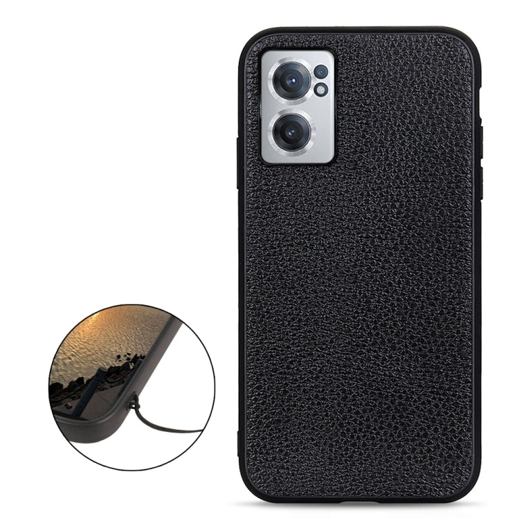 Litchi-textured genuine leather phone case, black, side view and camera cutout