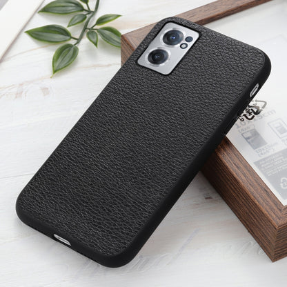 Litchi-textured genuine leather phone case, black, angled front with camera module