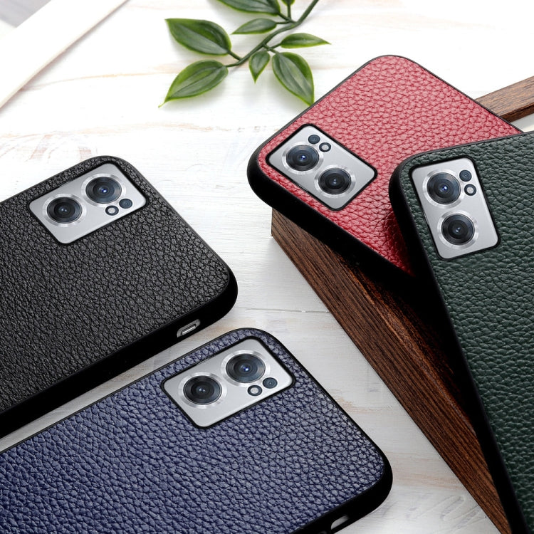 Textured leather phone cases in black, red, green, and blue with camera cutouts