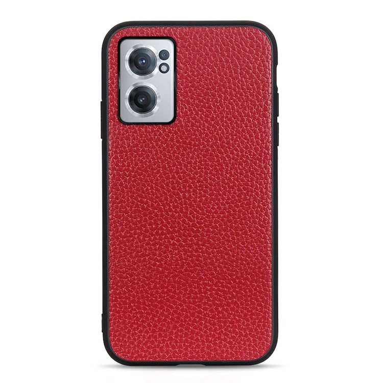 Litchi-textured genuine leather phone case, red, with camera cutout