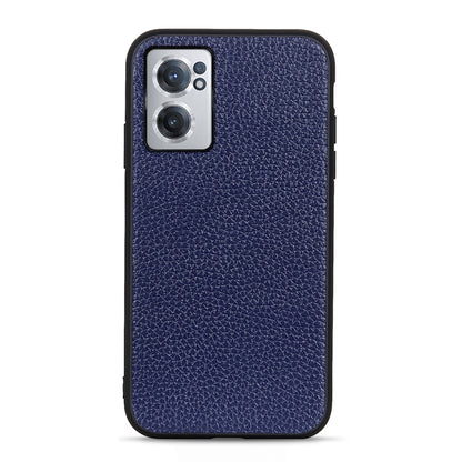 Litchi-textured genuine leather phone case, blue, with camera cutout
