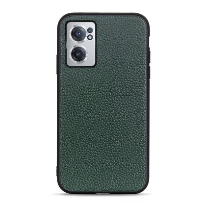 Green genuine leather phone case with litchi texture, dual camera cutout and raised edges