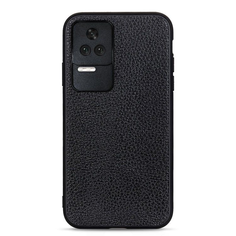 Litchi-textured genuine leather phone case, black, back view with camera opening
