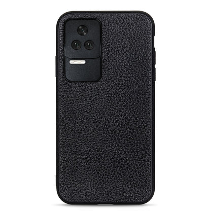 Litchi-textured genuine leather phone case, black, back view with camera opening