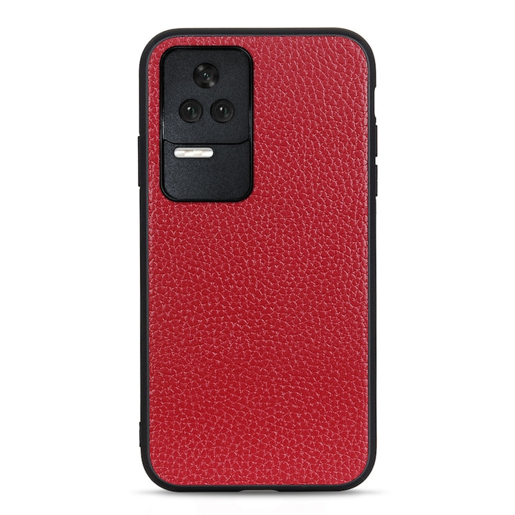 Litchi-textured genuine leather phone case, red, back view with camera opening