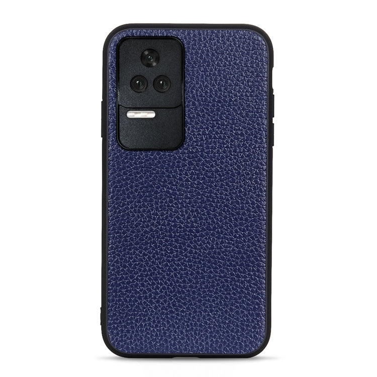 Blue genuine leather phone case with litchi texture, camera cutout and black trim