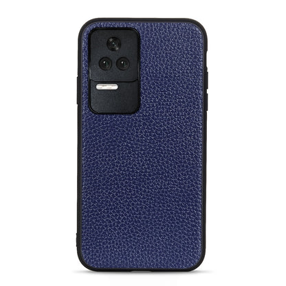 Blue genuine leather phone case with litchi texture, camera cutout and black trim