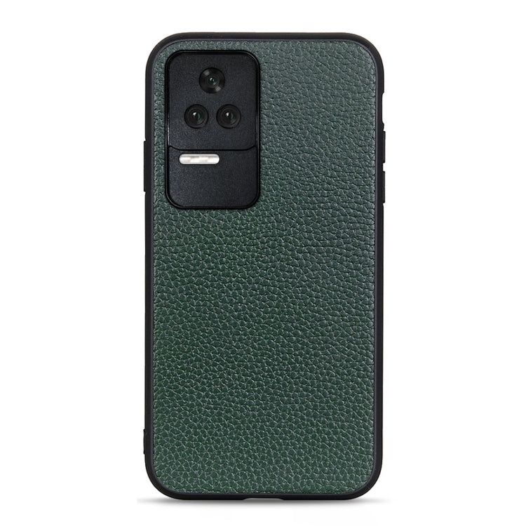 Green genuine leather phone case with litchi texture, triple-camera cutout with black panel