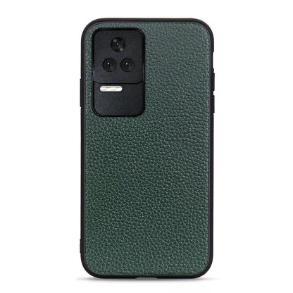 Green genuine leather phone case with litchi texture, triple-camera cutout with black panel