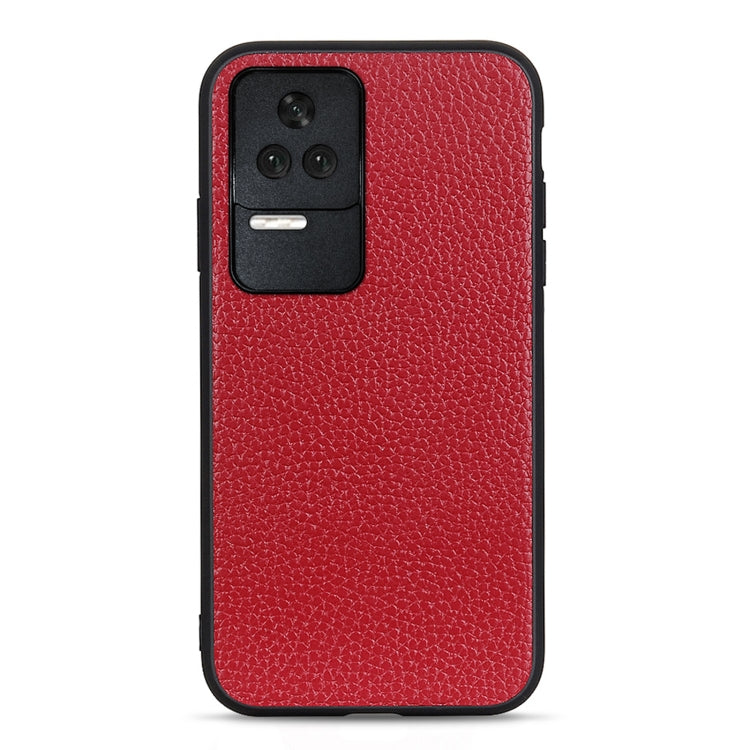 Litchi-textured genuine leather phone case, red, back view with flash and camera cutout
