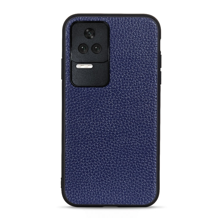 Navy blue genuine leather phone case with litchi texture, camera cutout and side buttons