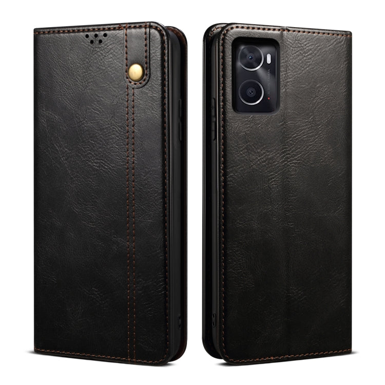 Black leather-look flip phone case with stitched edges and gold snap closure.