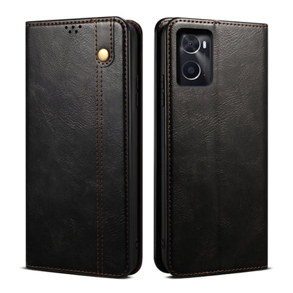 Black leather-look flip phone case with stitched edges and gold snap closure.