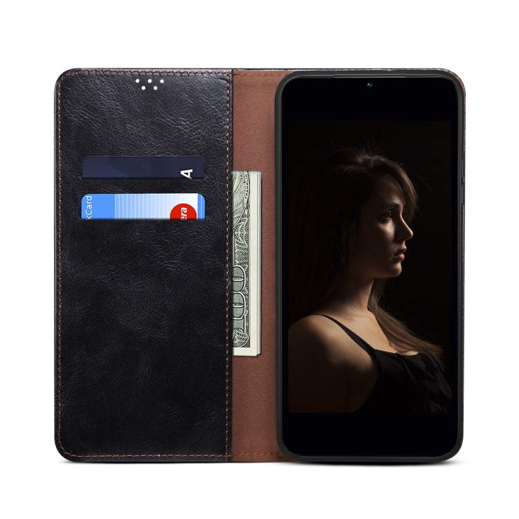 Black folio phone case open view with interior card slots and snap-on back cover.