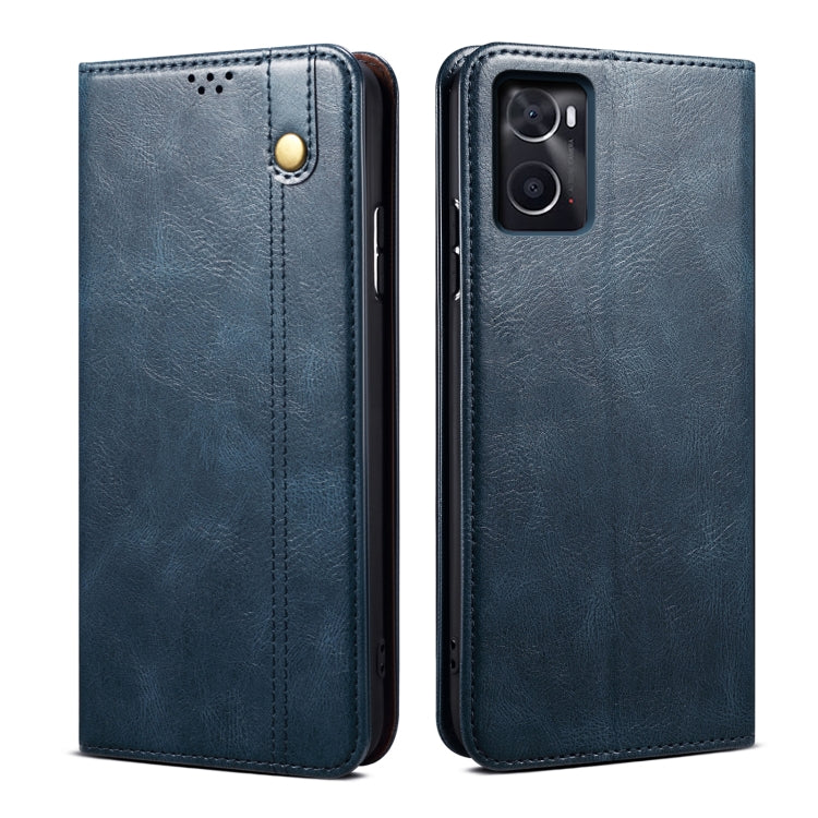 Blue oil-wax crazy horse leather phone case with textured surface and camera opening.