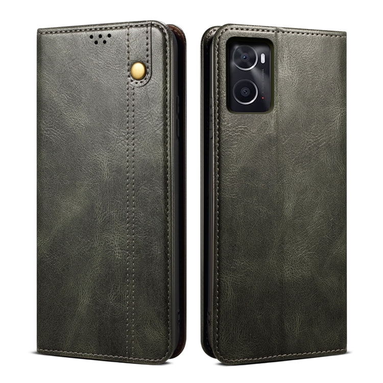 Dark olive oil-wax leather phone case with card slot and magnetic snap, textured finish