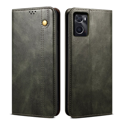 Dark olive oil-wax leather phone case with card slot and magnetic snap, textured finish