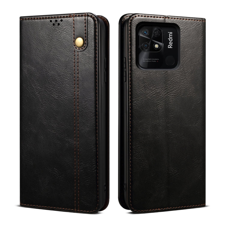 Black textured leather phone case with camera cutout and gold-tone snap closure.