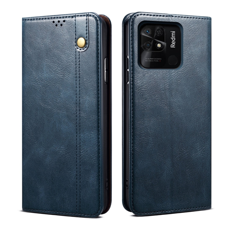 Blue oil-wax leather phone case with card slot and magnetic snap, textured finish