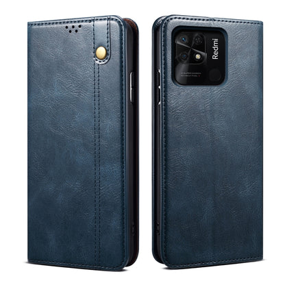 Blue oil-wax leather phone case with card slot and magnetic snap, textured finish