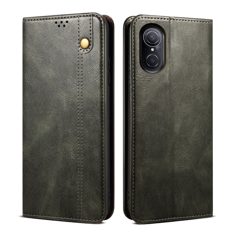 Dark olive oil-wax leather phone case with card slot and magnetic snap, textured finish