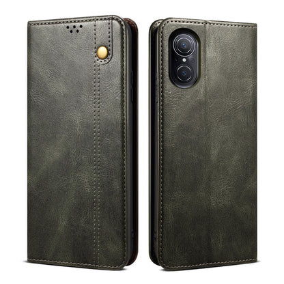 Dark olive oil-wax leather phone case with card slot and magnetic snap, textured finish