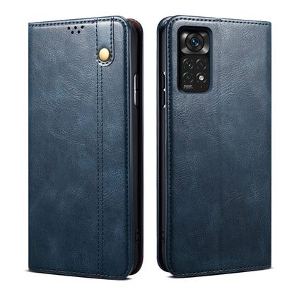 Blue oil-wax leather phone case with snap button and camera cutout