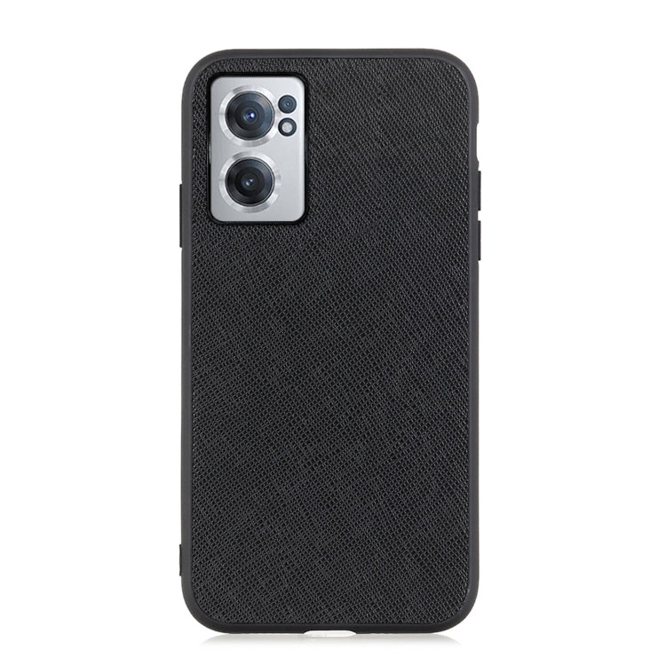 Black genuine leather phone case with cross-texture, camera cutout, raised edges