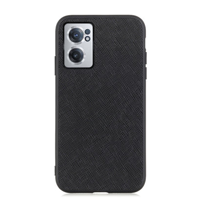 Black genuine leather phone case with cross-texture, camera cutout, raised edges