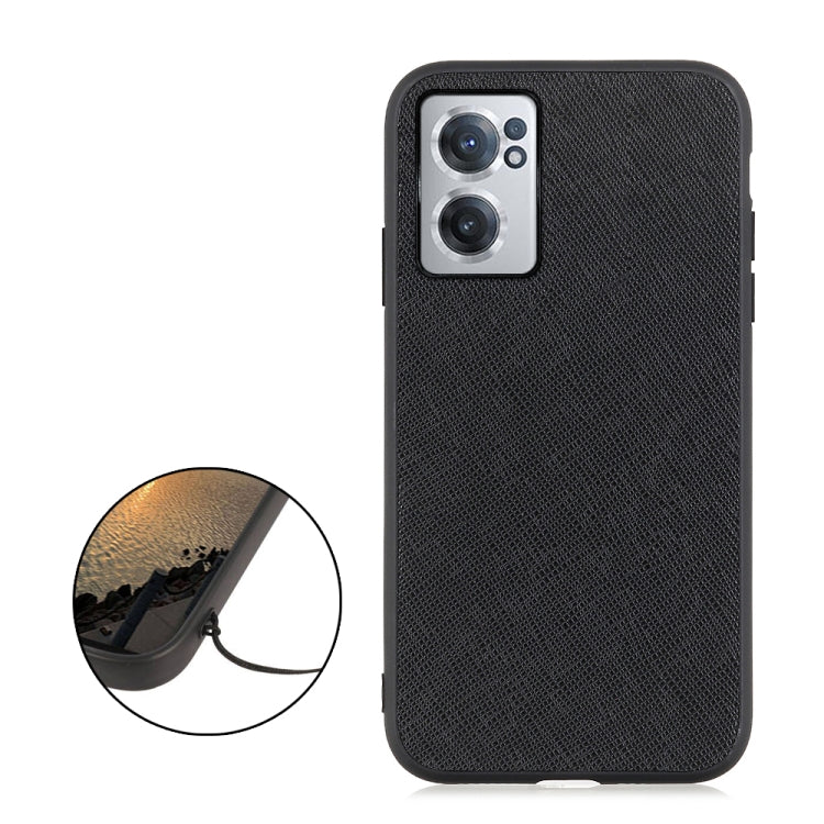 Black genuine leather phone case with cross-texture, camera cutout, side button openings