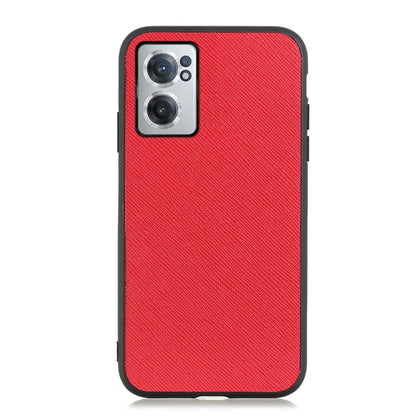Red genuine leather phone case with cross-texture, camera cutout, raised lip