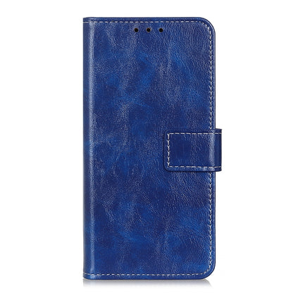Blue textured leather flip phone case front view with side flip tab
