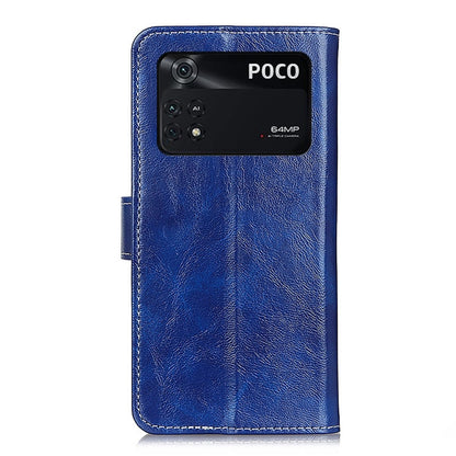 Blue textured leather flip phone case covering phone back with camera cutout