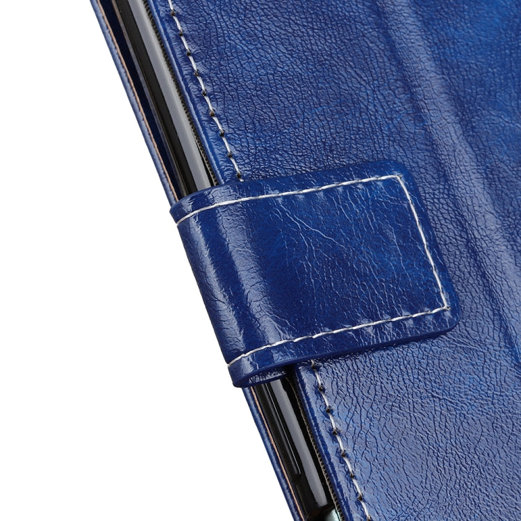 Blue textured leather flip case close-up of stitched front strap and flap