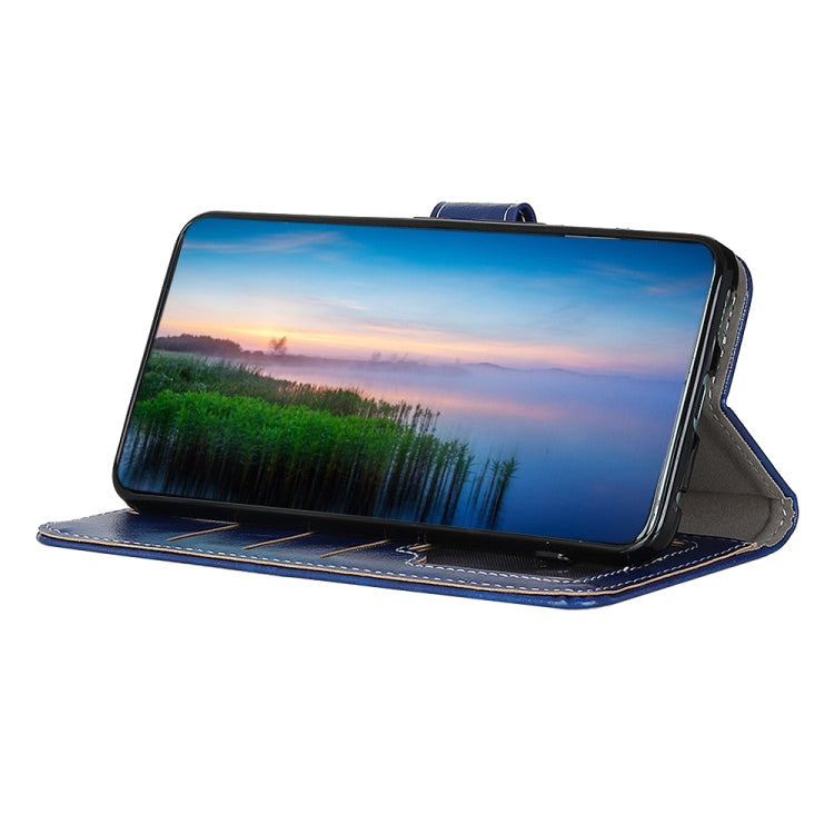 Blue textured leather flip phone case standing open with landscape display