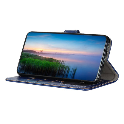 Blue textured leather flip phone case standing open with landscape display