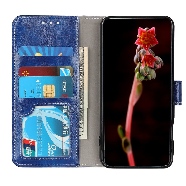 Blue textured leather flip phone case open with card slots and phone screen