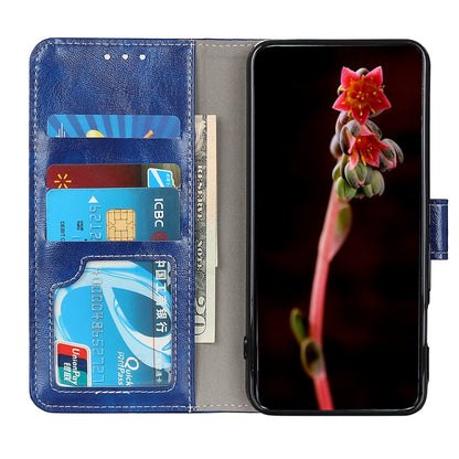 Blue textured leather flip phone case open with card slots and phone screen