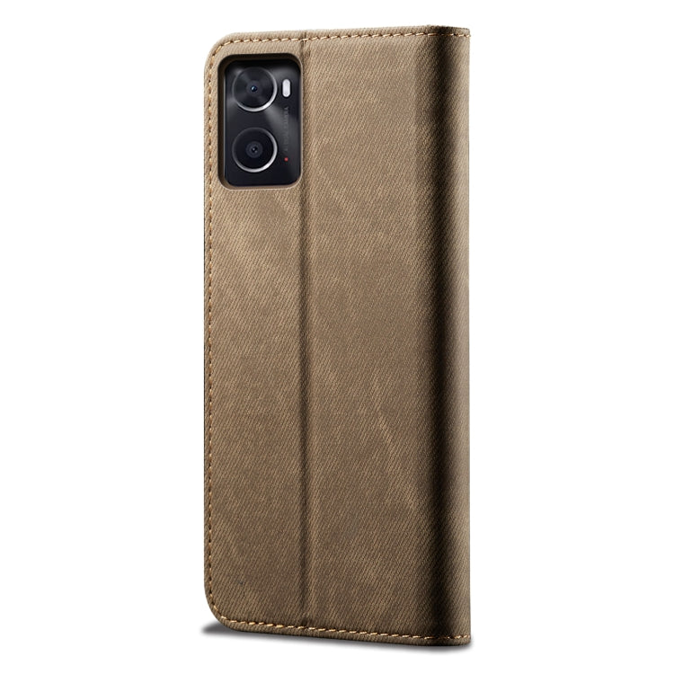 Khaki denim-textured leather phone case with stitched seam and camera cutouts