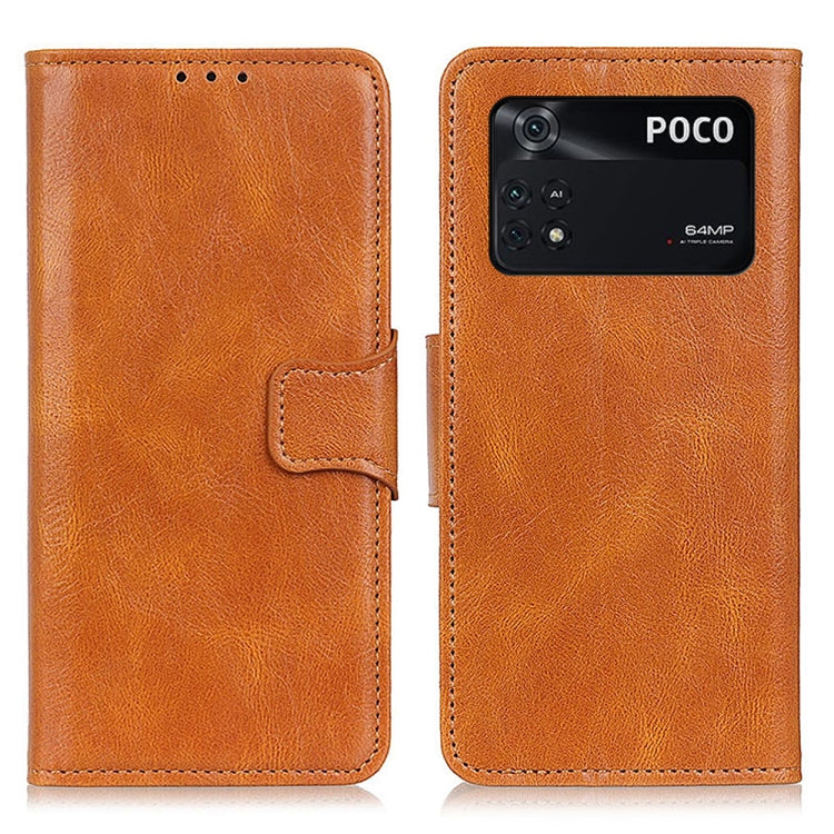 Brown leather flip phone case with camera cutout and card-sleeve flap
