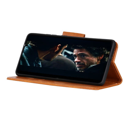 Brown leather flip phone case with fold-out stand for viewing