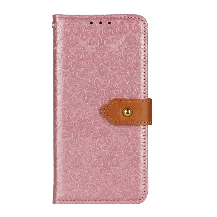 Pink embossed leather phone wallet case, folio flap with brown snap button