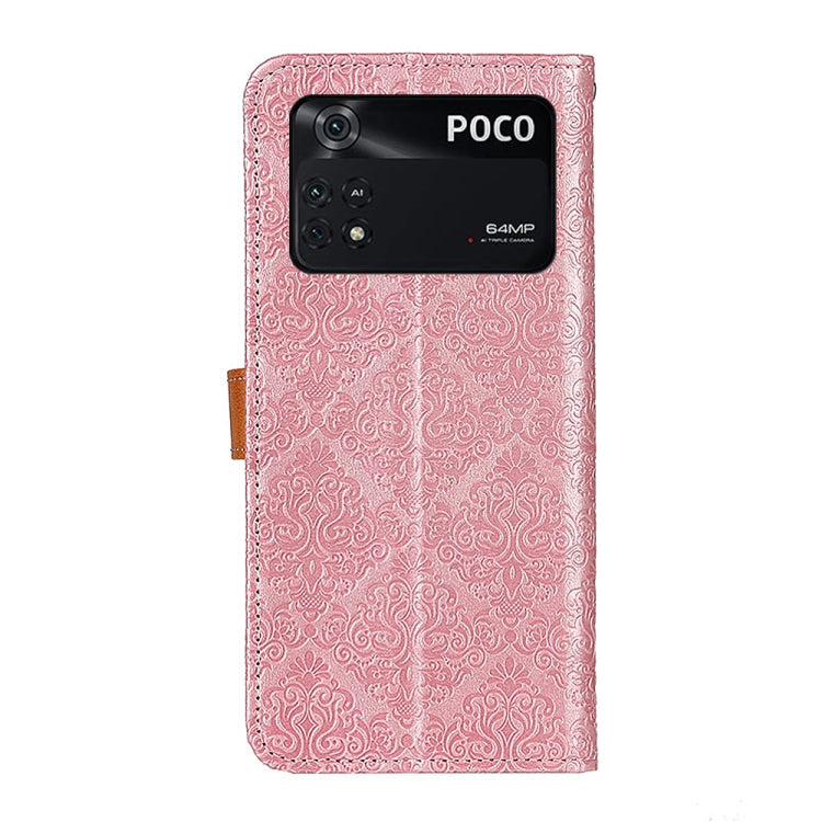 Pink embossed leather phone wallet case back with camera cutout and brown side strap