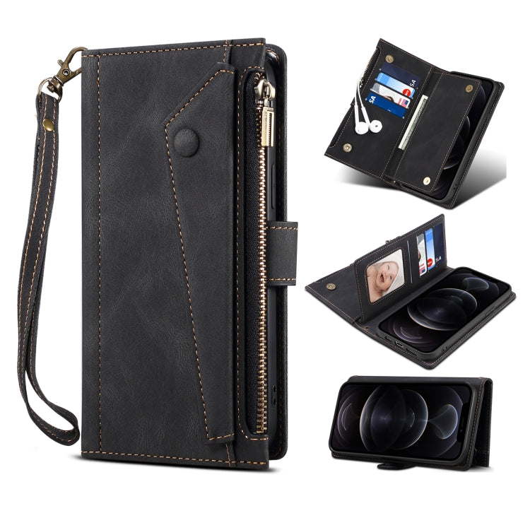 Black leather flip phone case with wrist strap, card slots, and stitched accents.