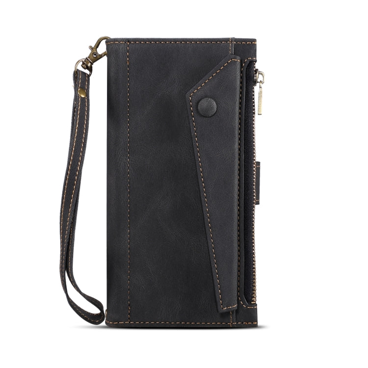 Black leather flip phone case with wrist strap and snap closure detail.