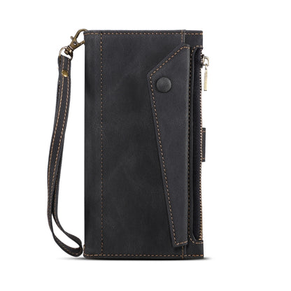 Black leather flip phone case with wrist strap and snap closure detail.