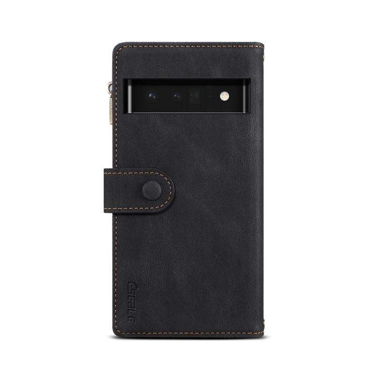Black leather phone case with top cutout opening and snap strap on back.