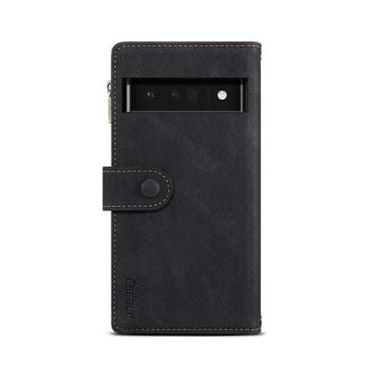 Black leather phone case with top cutout opening and snap strap on back.