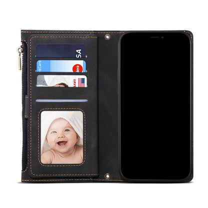 Black leather flip phone case with card slots and photo window, opened to fit phone.